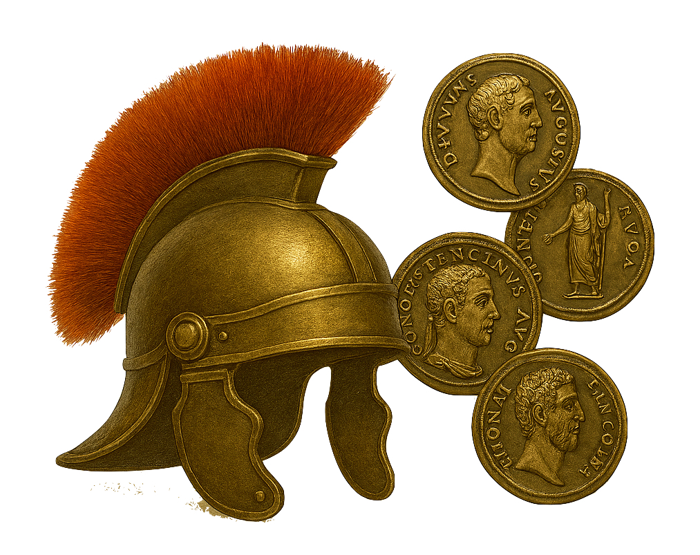 Römerhelm und Münzen